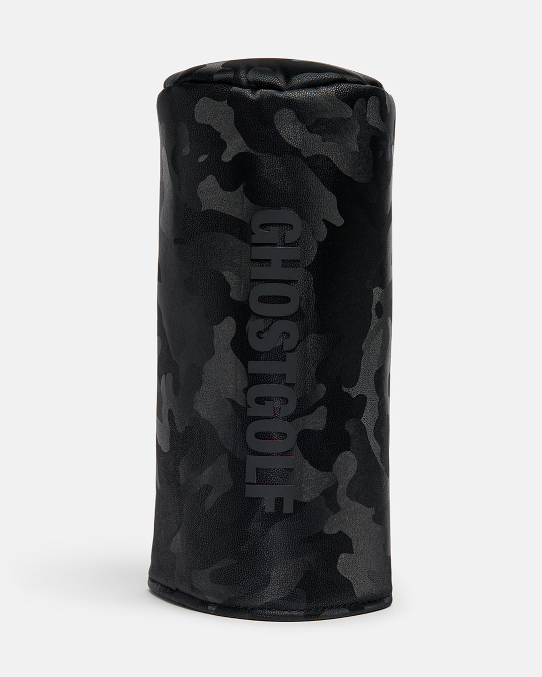 Front product shot of the Camo Barrel Knit Head cover featuring a camouflage pattern with a vertical Ghost Golf logo down the center. #color_camo