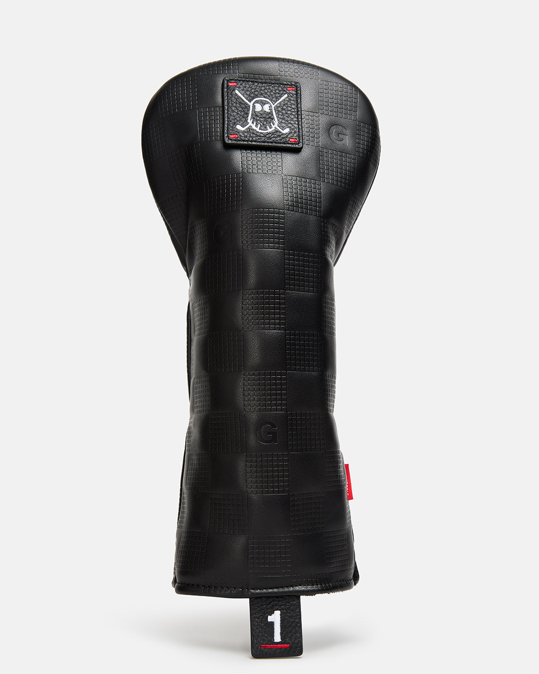Front product view of the Debossed Black Checkered Driver Head Cover featuring a square Ghost Golf icon patch on the top, a white number "1" on the front bottom, and a debossed checkered pattern throughout with the Letter G in one of the squares. #size_driver