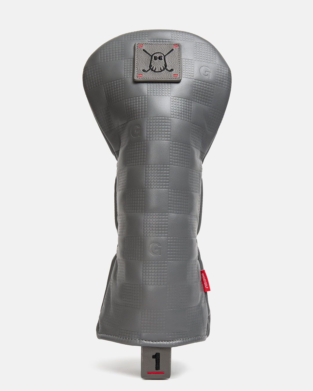 Front product view of the Debossed Grey Checkered Driver Head Cover featuring a square Ghost Golf icon patch on the top, a black number "1" on the front bottom, and a debossed checkered pattern throughout with the Letter G in one of the squares. #size_driver