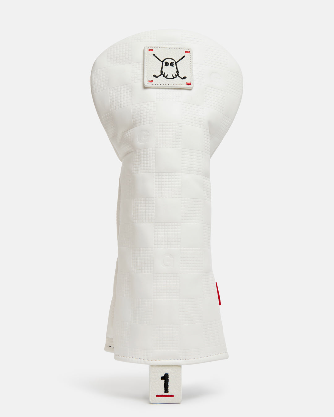 Front product view of the Debossed White Checkered Driver Head Cover featuring a square Ghost Golf icon patch on the top, a black number "1" on the front bottom, and a debossed checkered pattern throughout with the Letter G in one of the squares. #size_driver