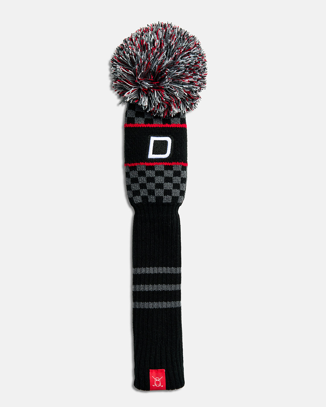 Front product shot of the Black Checkered Driver Knit Head cover in black, featuring a checkered knit pattern and an embroidered letter "D" at the top. #size_driver