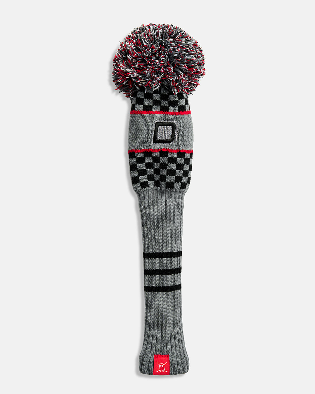 Front product shot of the Grey Checkered Driver Knit Head cover in grey, featuring a checkered knit pattern and an embroidered letter "D" at the top. #size_driver