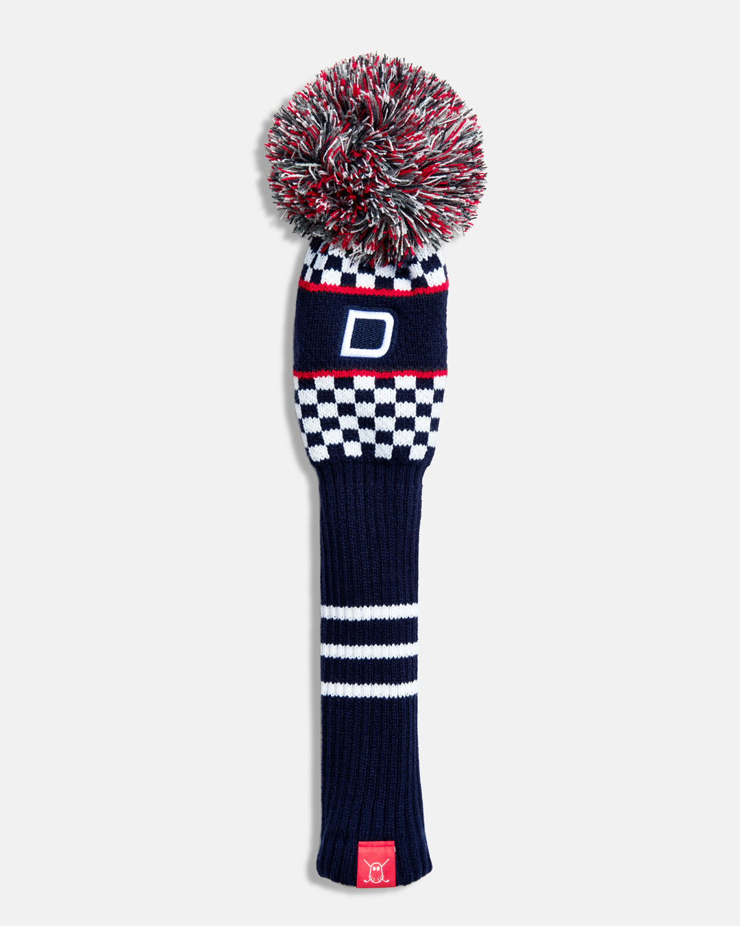 Front product shot of the Navy Checkered Driver Knit Head cover in navy, featuring a checkered knit pattern and an embroidered letter "D" at the top. #size_driver
