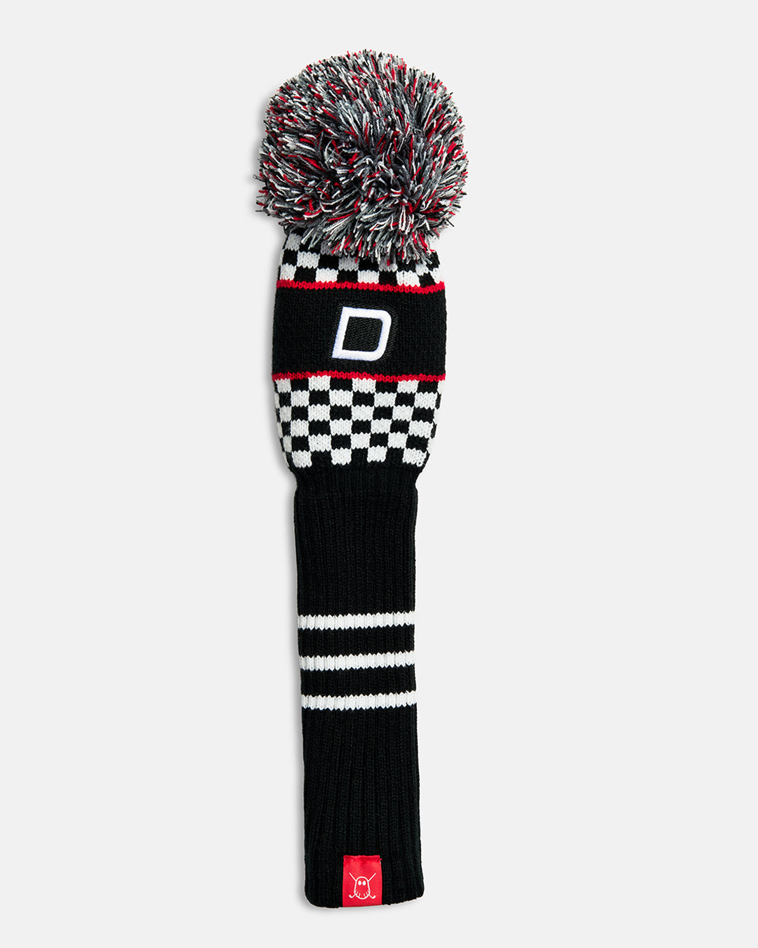 Front product shot of the White Checkered Driver Knit Head cover in white, featuring a checkered knit pattern and an embroidered letter "D" at the top. #size_driver