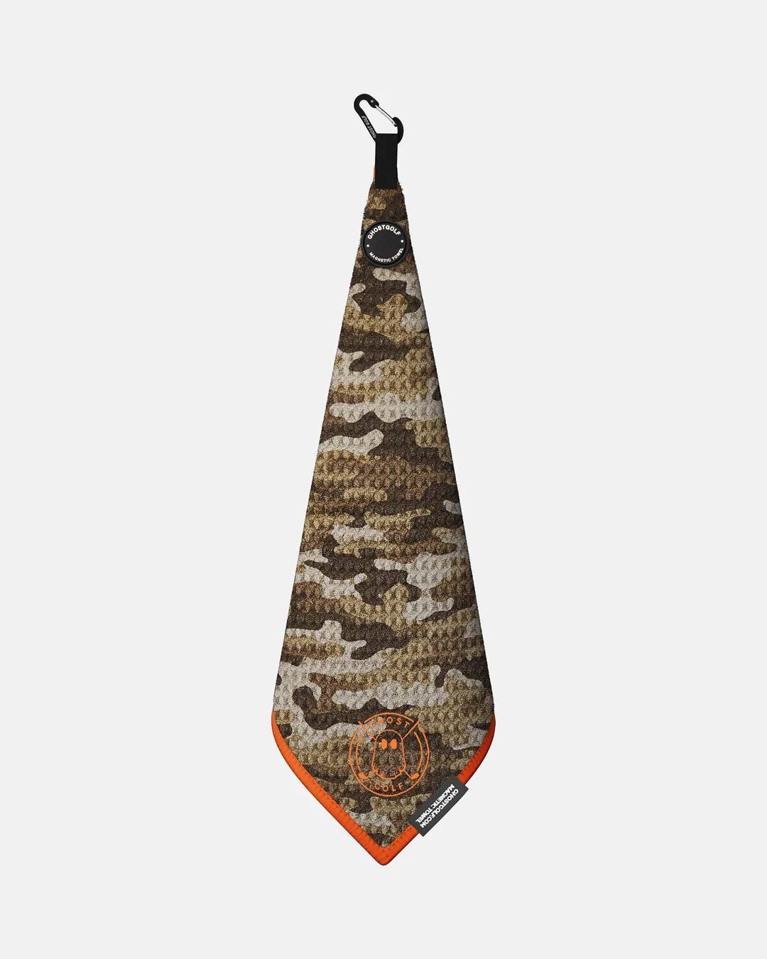 Product shot of Desert Camo Ghost Golf Magnetic Greenside Towel with emblem logo near the bottom and carabiner clip at the top #color_desert-camo