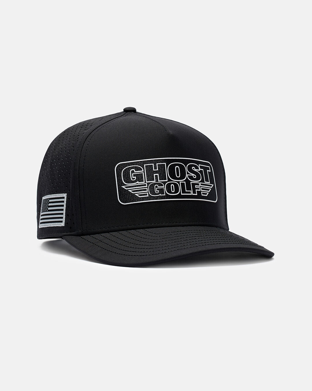 Side View Product Photo of Black Flag Hat With Ghost Golf Patch in Center and USA Flag on Side #color_black