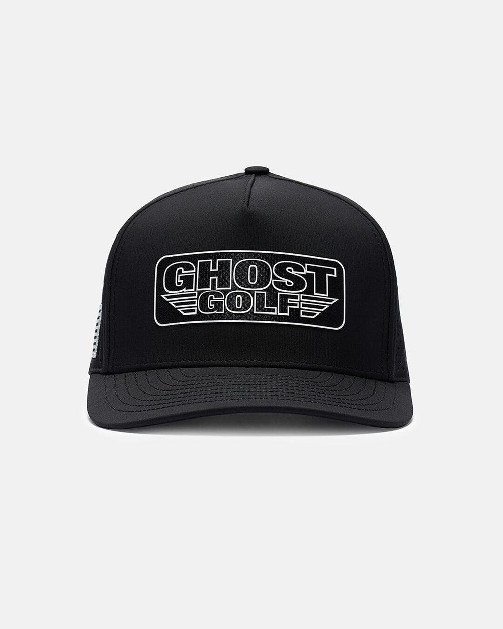 Front View Product Photo of Black Flag Hat With Ghost Golf Patch in Center #color_black