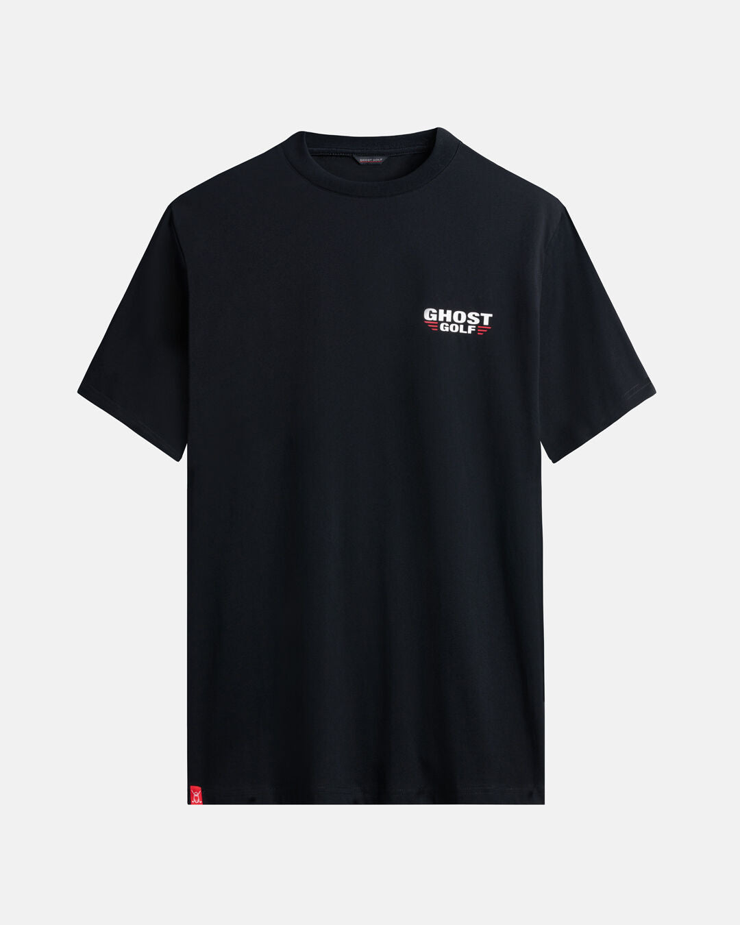Black t-shirt with Ghost Golf logo on the chest against a white background #color_black