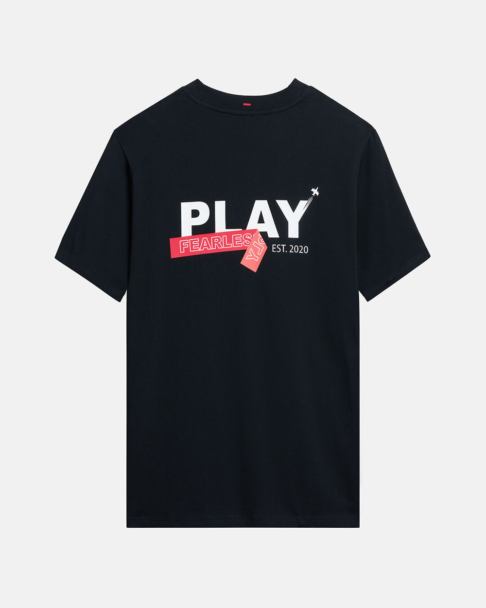 Black t-shirt with 'PLAY FEARLESS EST. 2020' text on a white background #color_black