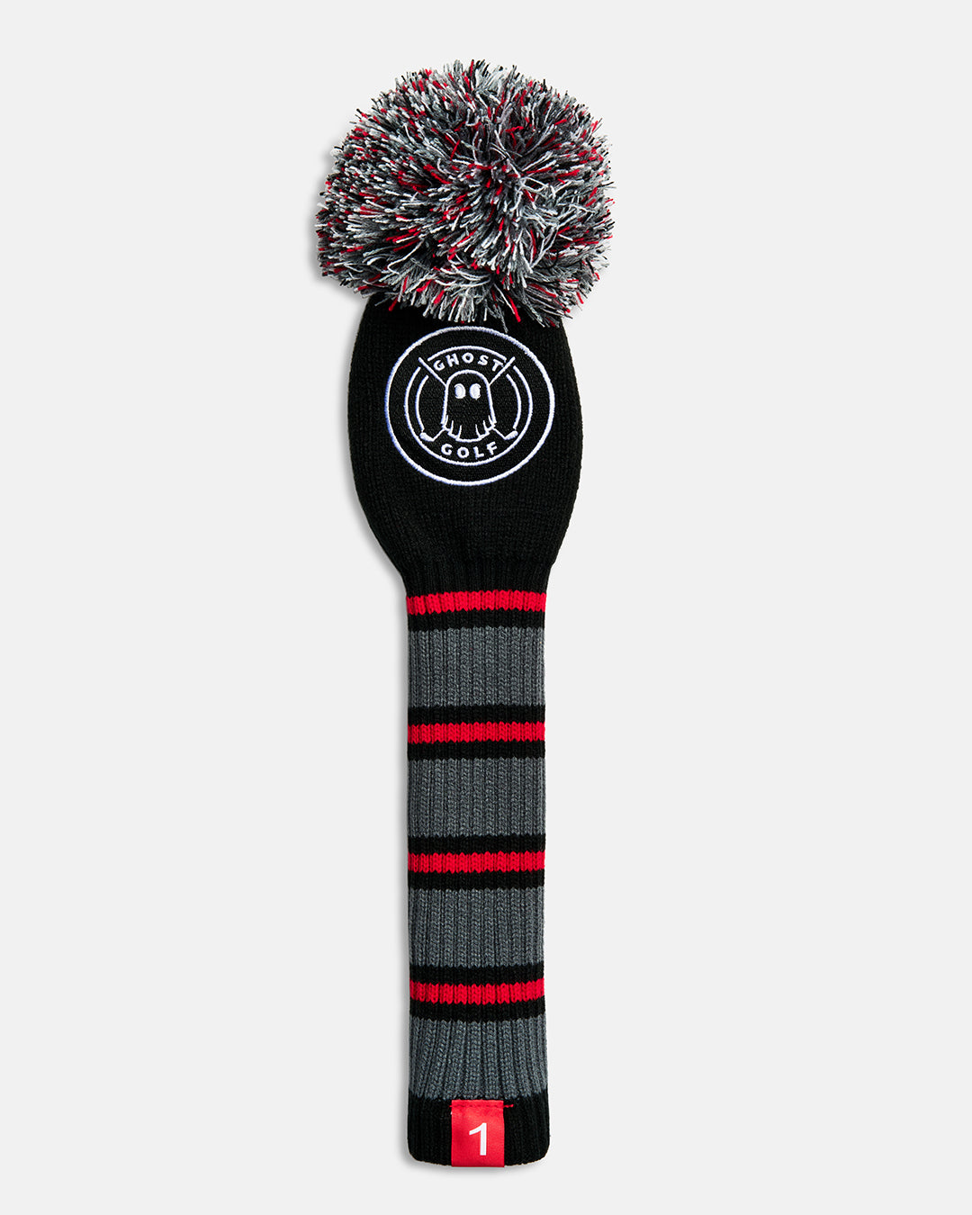 Front product shot of the Black Ghost Golf Stripe Driver Knit Head cover featuring a black striped knit pattern, an embroidered Ghost Golf emblem at the top, and a red tag with the number 1 at the bottom. #size_driver