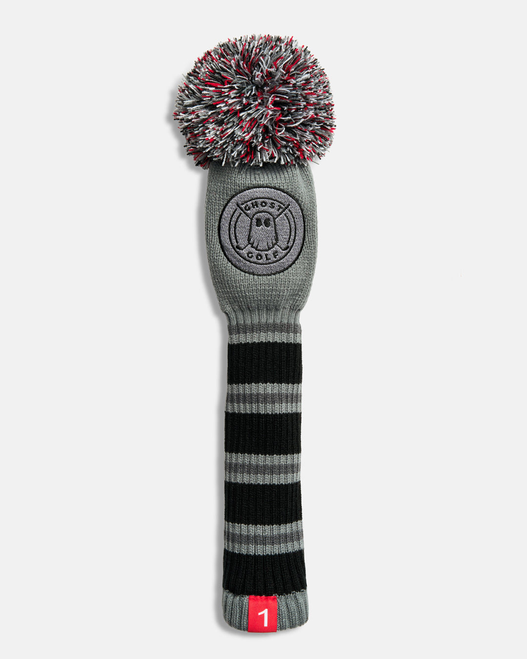 Front product shot of the Grey Ghost Golf Stripe Driver Knit Head cover featuring a grey striped knit pattern, an embroidered Ghost Golf emblem at the top, and a red tag with the number 1 at the bottom. #size_driver