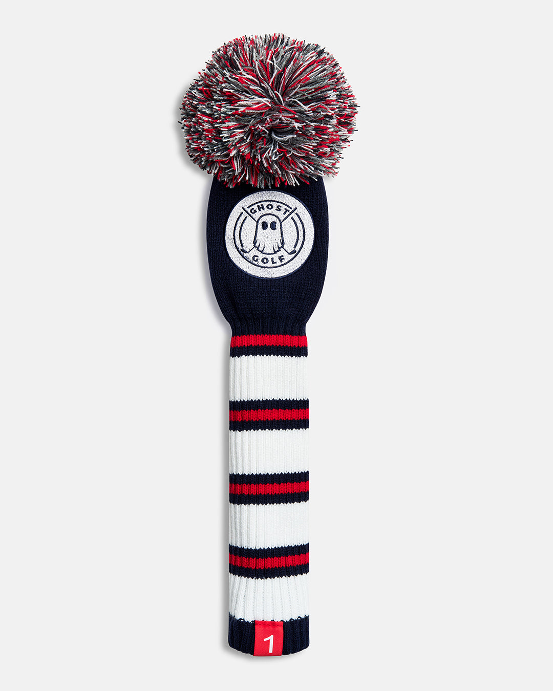 Front product shot of the Navy Ghost Golf Stripe Driver Knit Head cover featuring a navy striped knit pattern, an embroidered Ghost Golf emblem at the top, and a red tag with the number 1 at the bottom. #size_driver