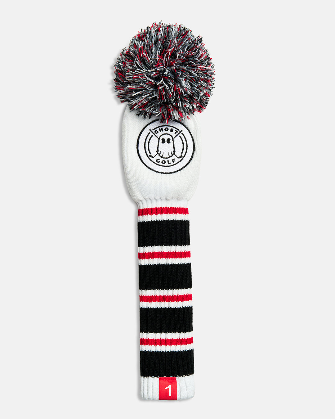 Front product shot of the White Ghost Golf Stripe Driver Knit Head cover featuring a white striped knit pattern, an embroidered Ghost Golf emblem at the top, and a red tag with the number 1 at the bottom. #size_driver