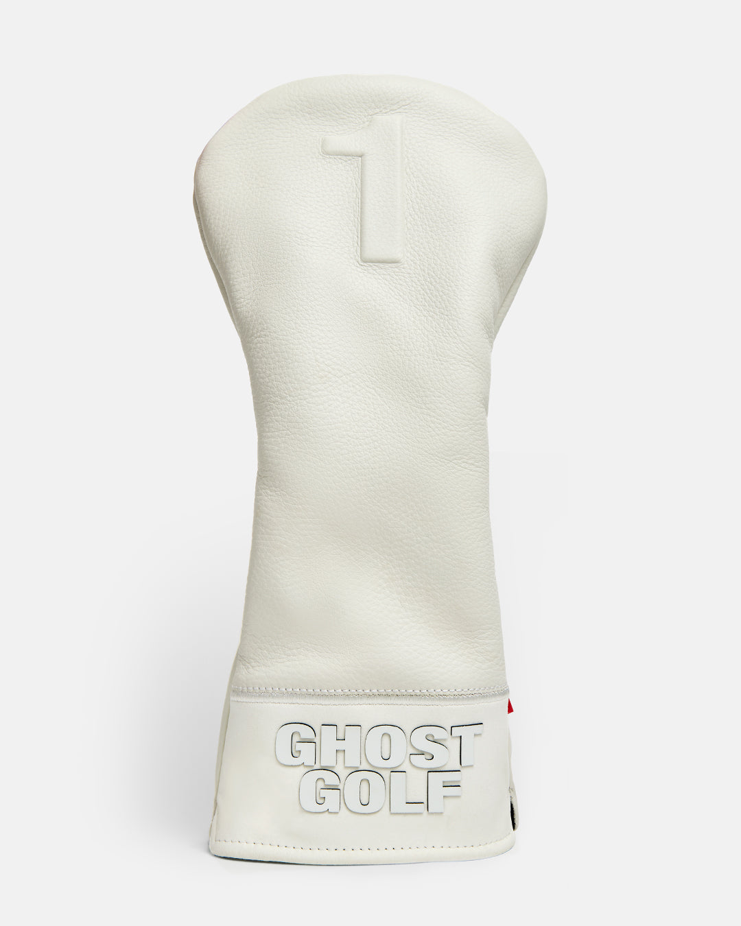 Front Product Shot of White Ghost Golf Whiteout Driver Head Cover with the number 1 n the Top and Ghost Golf at the bottom #size_driver