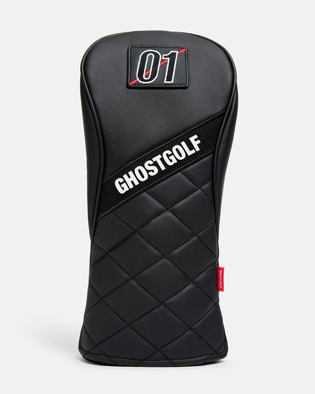 Front Product Shot of Black Gridline Driver Head Cover showcasing number 01 on top and ghost golf in the middle #size_driver