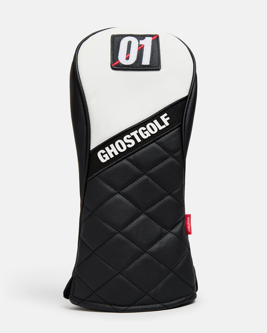 Front Product Shot of White Black Gridline Driver Head Cover showcasing number 01 on top and ghost golf in the middle #size_driver