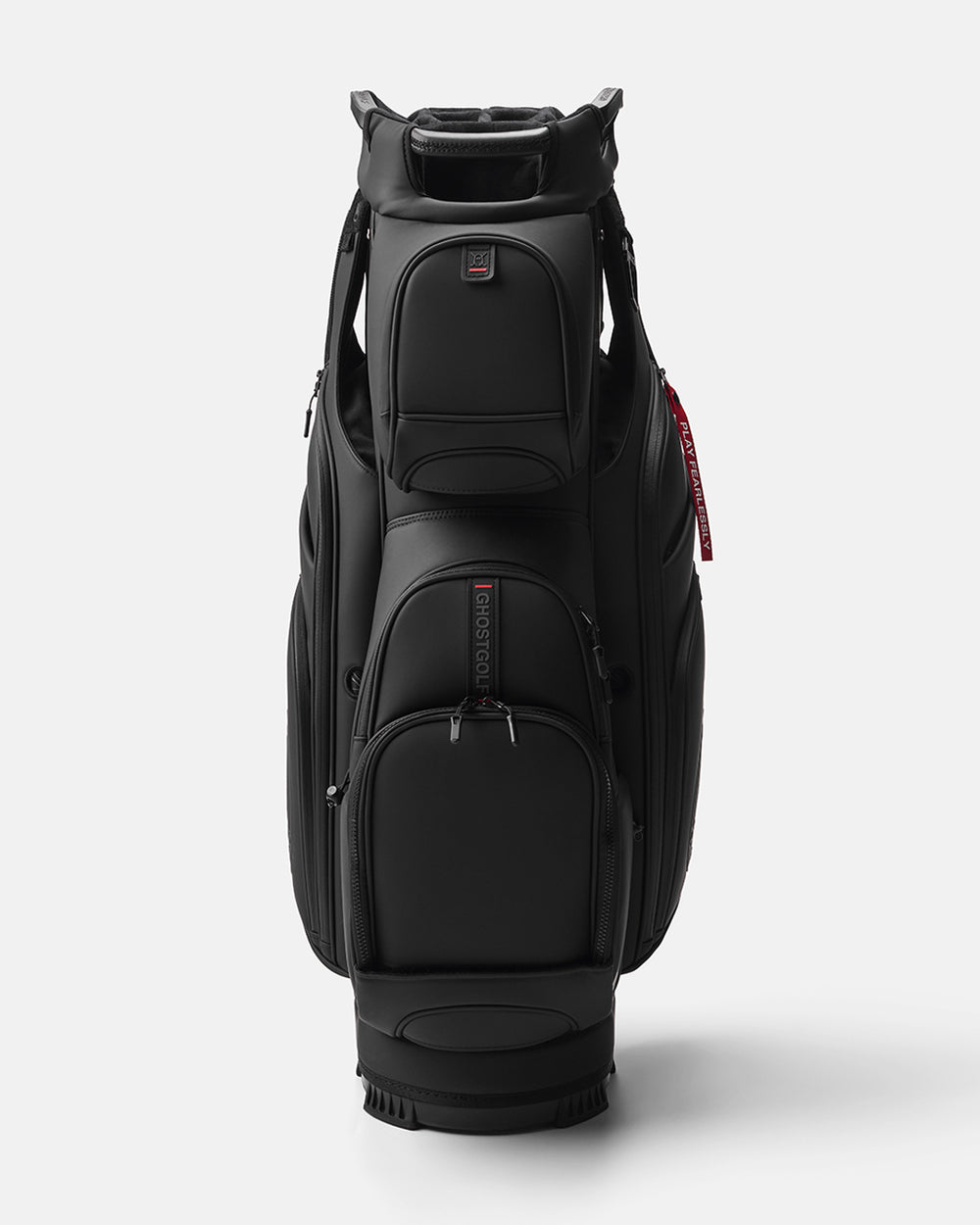 GHOSTGOLF GT-14 Katana golf bag in black, shown at a front angle with zippered pockets, an embossed Ghost Golf logo, and a red “Play Fearlessly” tag.