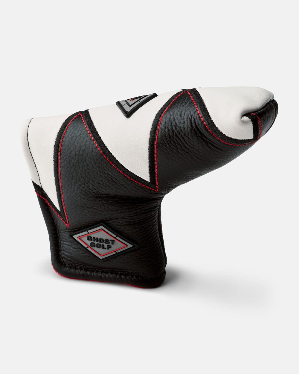 Side product view of the Black-White Katana Blade Putter Cover featuring a diamond-pattern design, center stripe, and Ghost Golf logo framed within a diamond detail on the side. #color_black-white