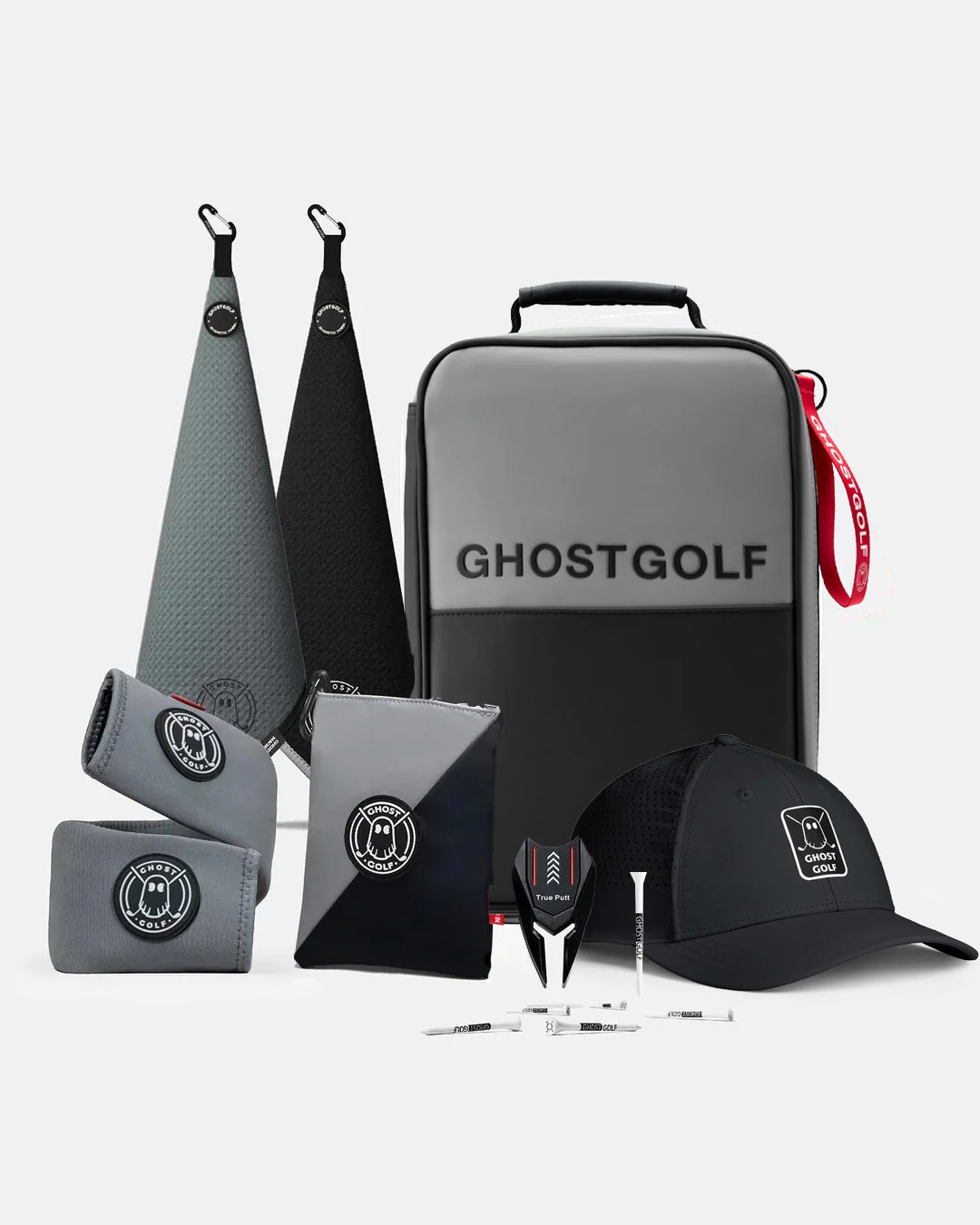 Product Shot of Kovert Ops Bundle showcasing 2 greenside magnetic towels, utility pouch, cart strap sleeve, golf hat, divot tool, and golf tees