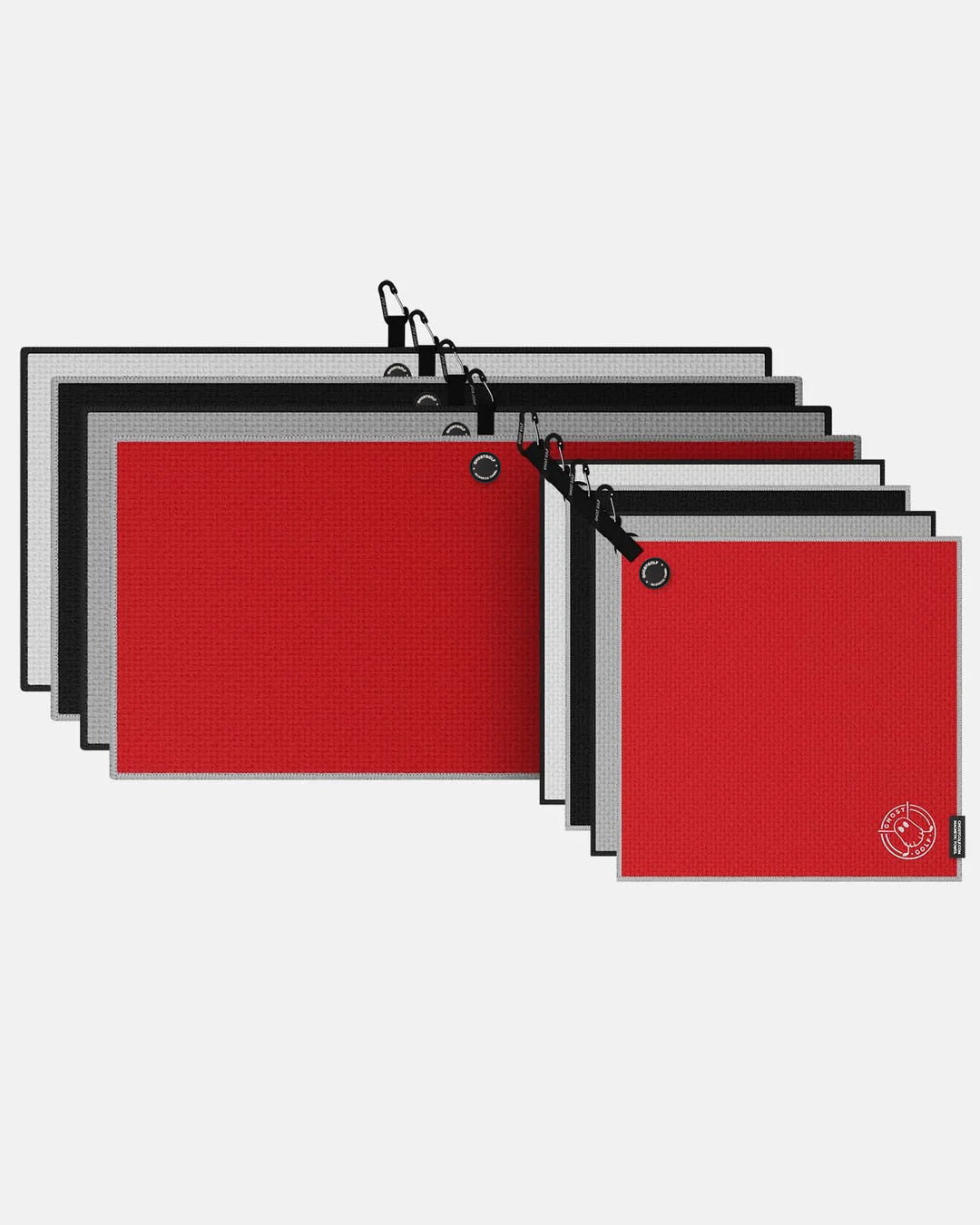 Product shot pair of Red, Grey, Black, White Ghost Golf Magnetic Caddie & Greenside Towel