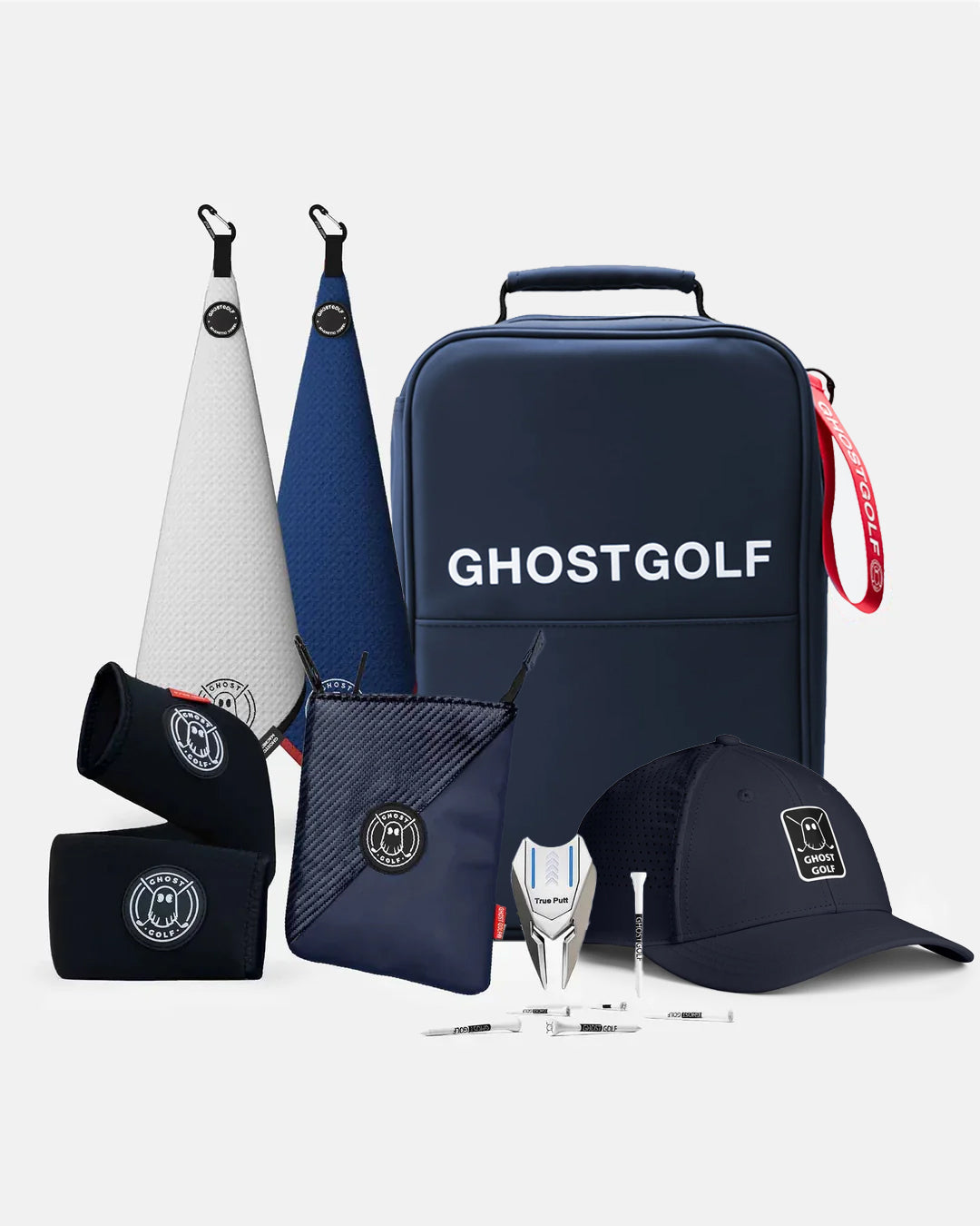 Product Shot of Patriot Bundle showcasing 2 greenside magnetic towels, utility pouch, cart strap sleeve, golf hat, divot tool, and golf tees