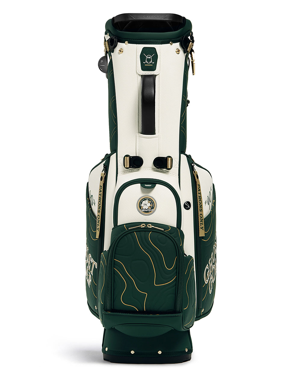 Front View of Patrons Only Anday Bag with white and green accents and detail topographic pattern with ghost golf branding #color_green
