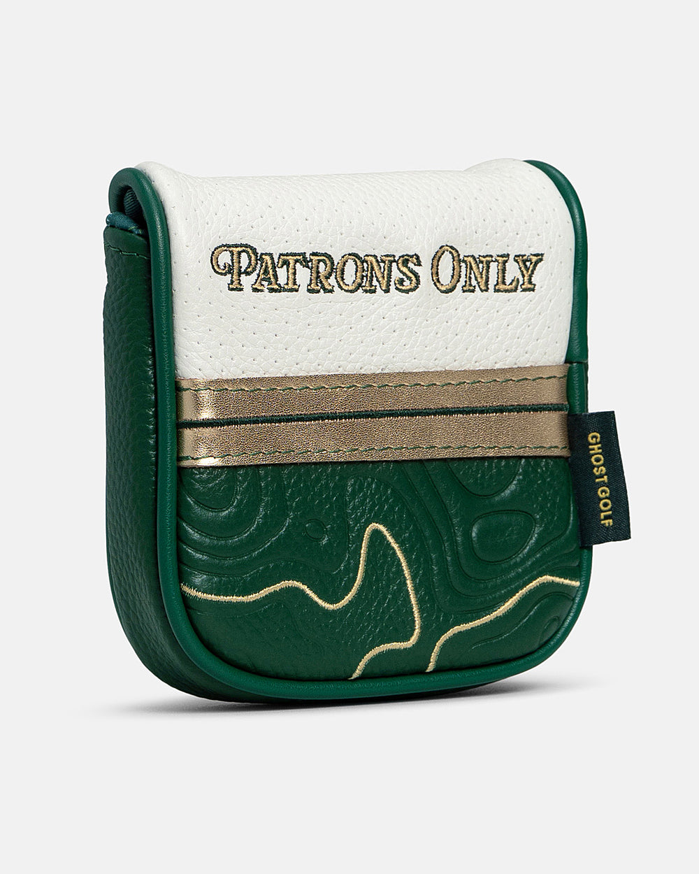 Side View Product Shot of Patrons Only Mallet Putter Cover with patrons only hit #color_green