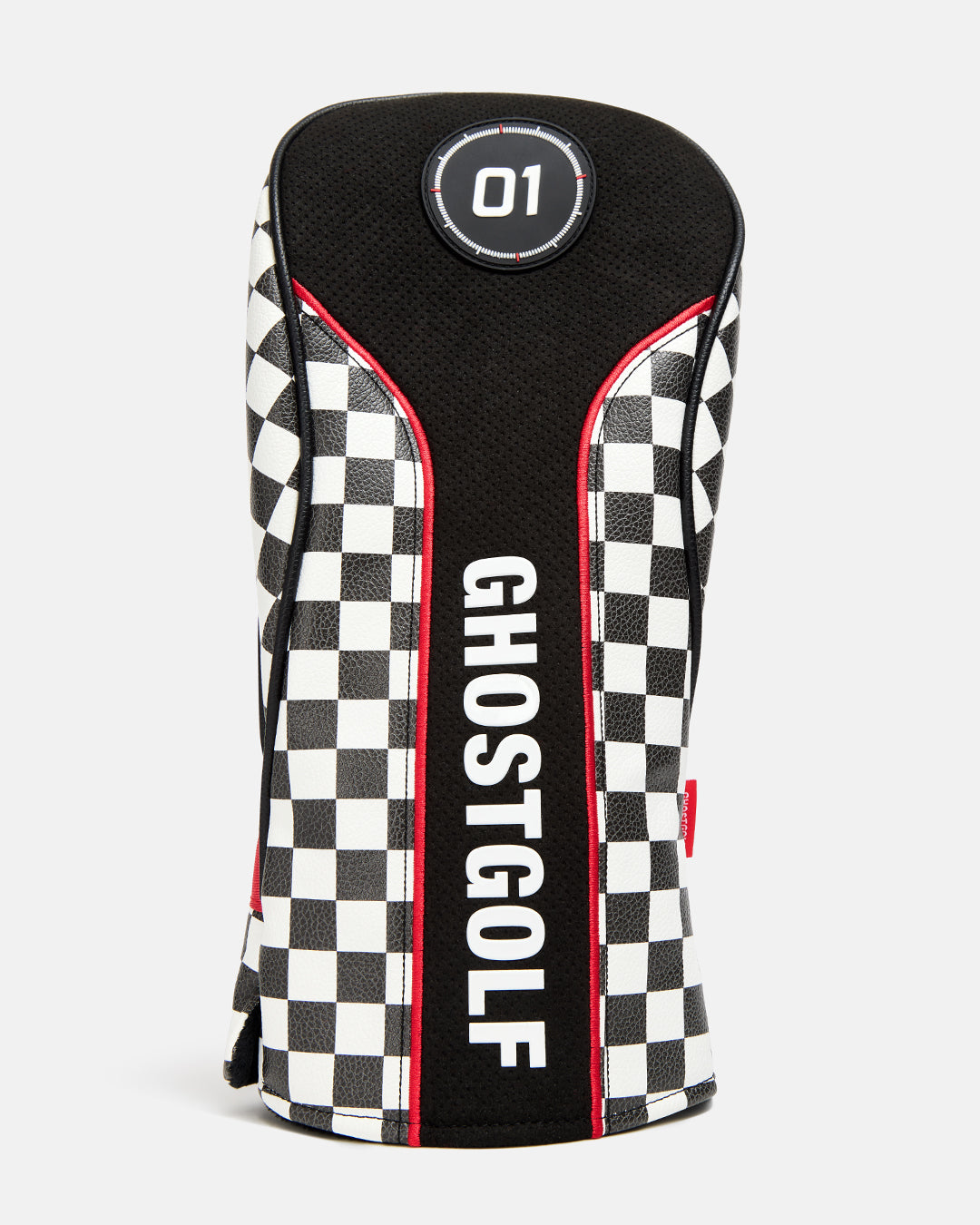 Front product view of the Black/White Rally Driver Head Cover featuring a circular "01" patch on the top, a vertical Ghost Golf logo centered on the front, and black-and-white checkered detailing along the side. #size_driver