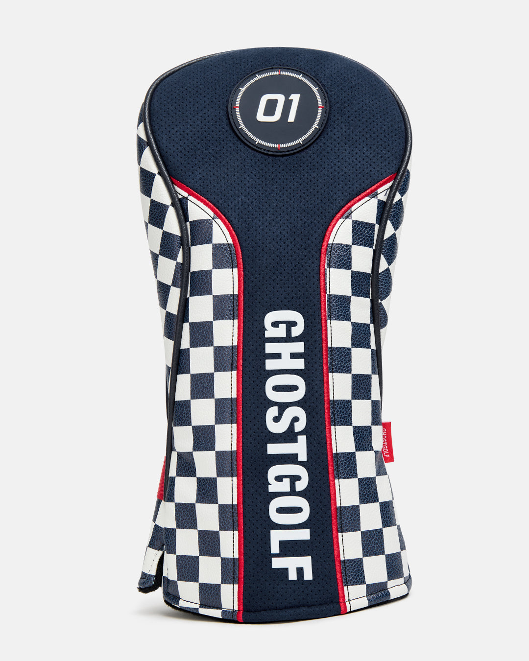 Front product view of the Navy Rally Driver Head Cover featuring a circular "01" patch on the top, a vertical Ghost Golf logo centered on the front, and navy-and-white checkered detailing along the side. #size_driver
