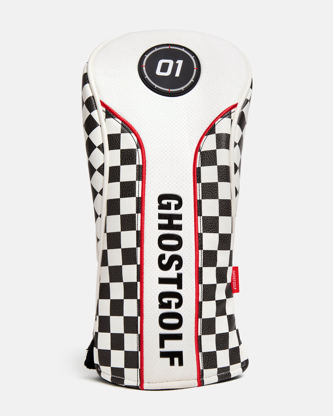 Front product view of the White/BlackRally Driver Head Cover featuring a circular "01" patch on the top, a vertical Ghost Golf logo centered on the front, and black-and-white checkered detailing along the side. #size_driver