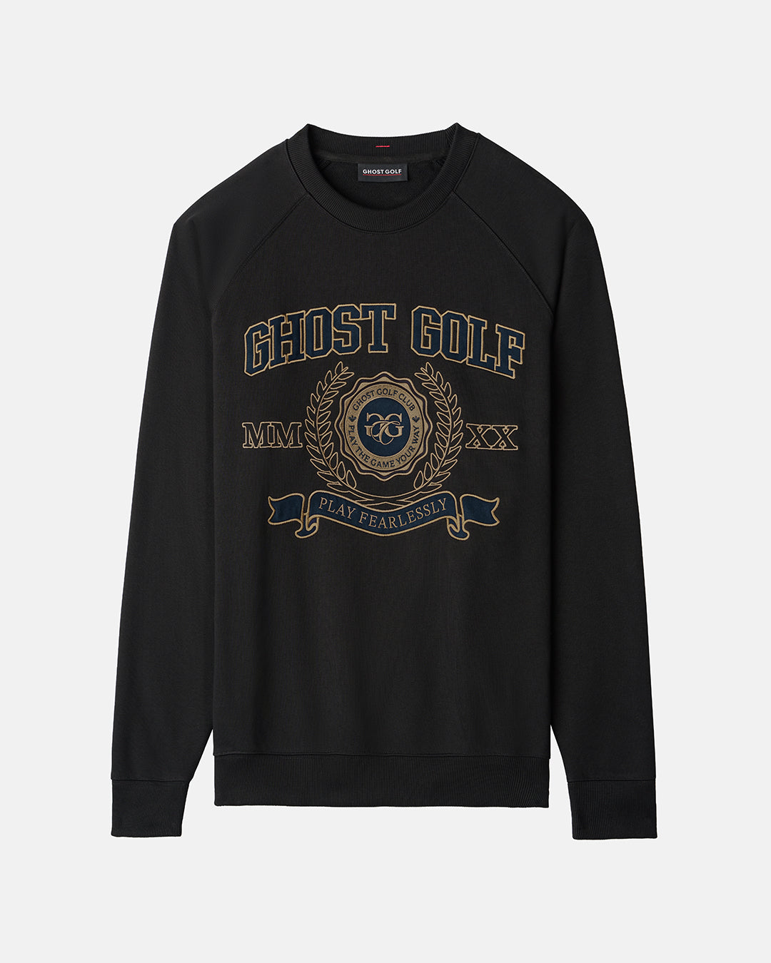 Front Product shot of Black Rebels Crew Sweatshirt with Ghost Golf graphic on the center chest. #color_black