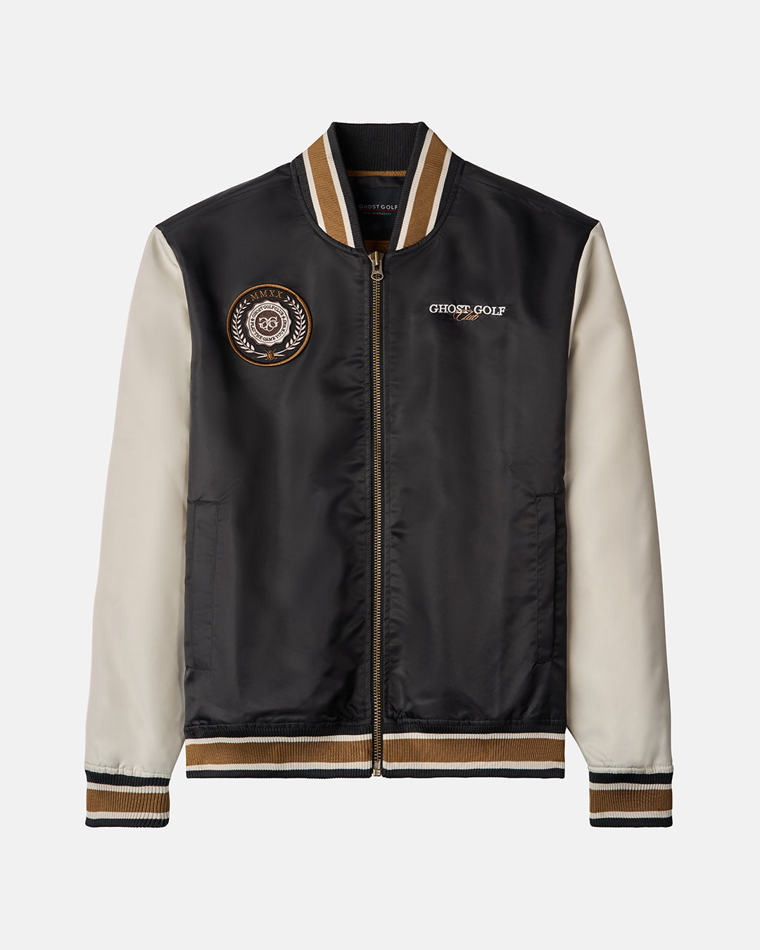 Front Product shot of Dark Chocolate Rebels Varsity Jacket, showcasing Ghost Golf Club graphics across the left, and circular emblem on right #color_dark-chocolate