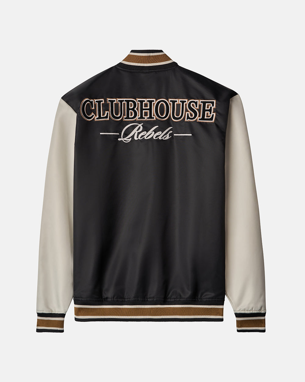 Back Product shot of Dark Chocolate Rebels Varsity Jacket, showcasing Clubhouse Rebels logo on back of jacket #color_dark-chocolate
