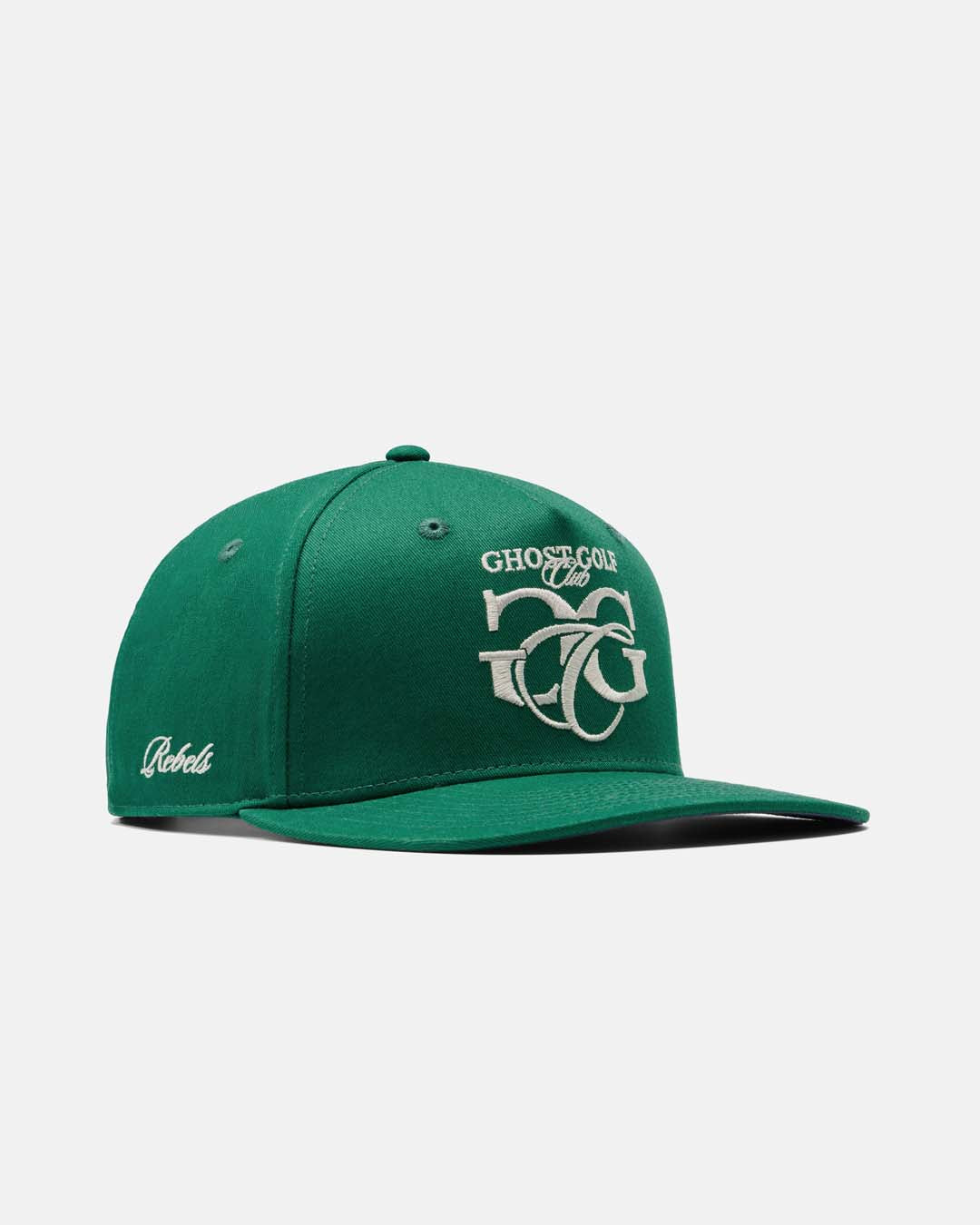 Three-quarter Right view product shot of the Caddie-Green Rebels GCG Hat, featuring an embroidered GCG monogram and Ghost Golf Club logo on the front and rebels on the side of the hat. #color_caddie-green
