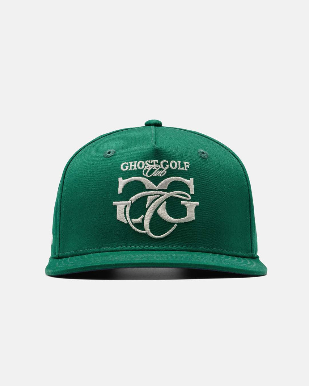 Front product shot of the Caddie Green Rebels GCG Hat, featuring an embroidered GCG monogram and Ghost Golf Club logo on the front.  #color_caddie-green