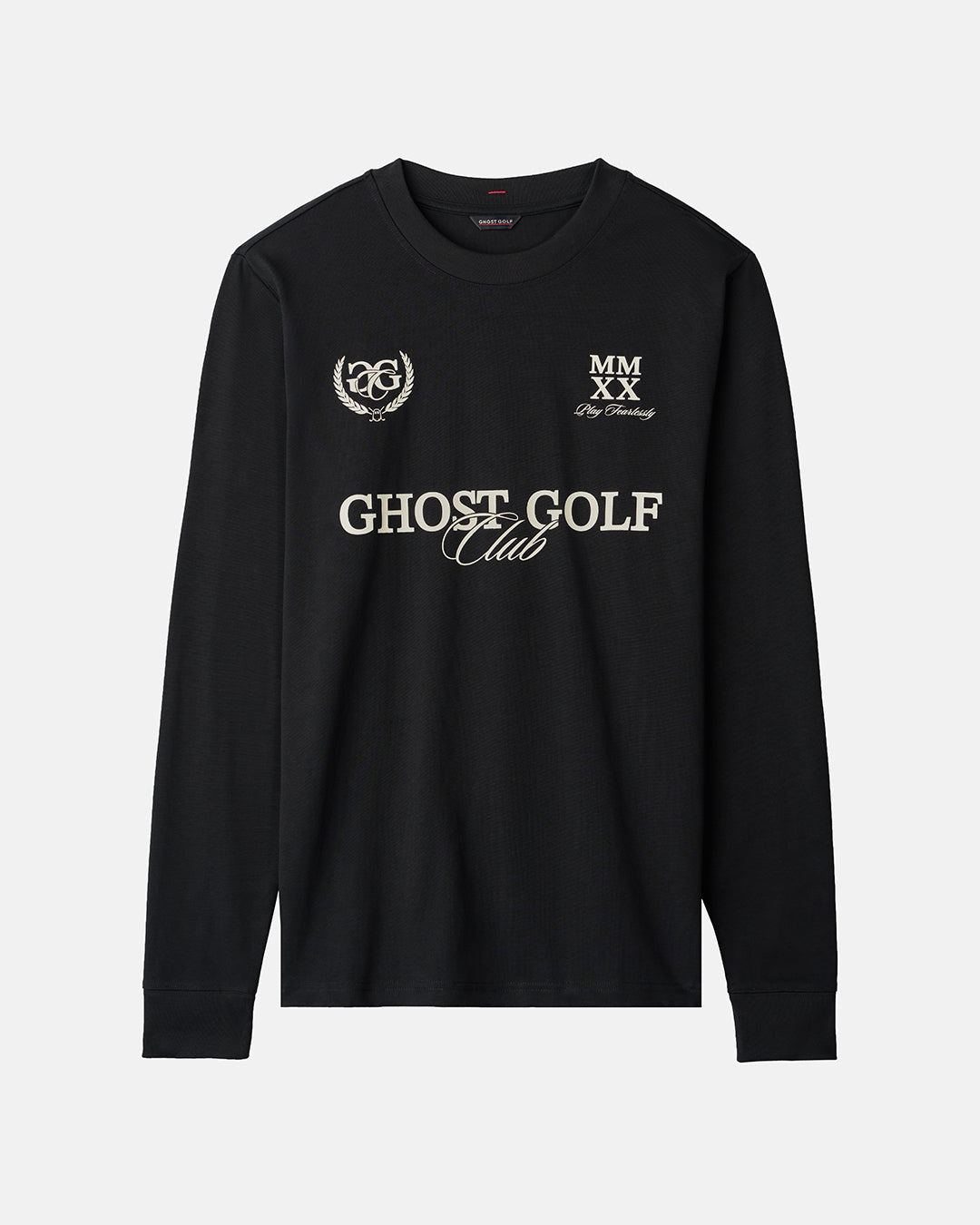 Front Product shot of Black Rebels GCG LS T-Shirt, showcasing Ghost Golf Club graphics across the left, right, and center chest. #color_black