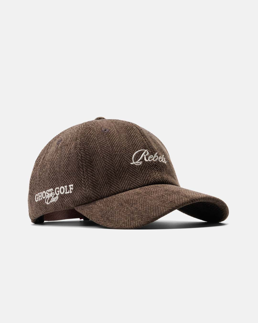 Three-quarter right view product shot of the Dark Chocolate Rebels Hat, featuring “Rebels” across the front and the Ghost Golf Club logo on the side embroidered. #color_dark-chocolate