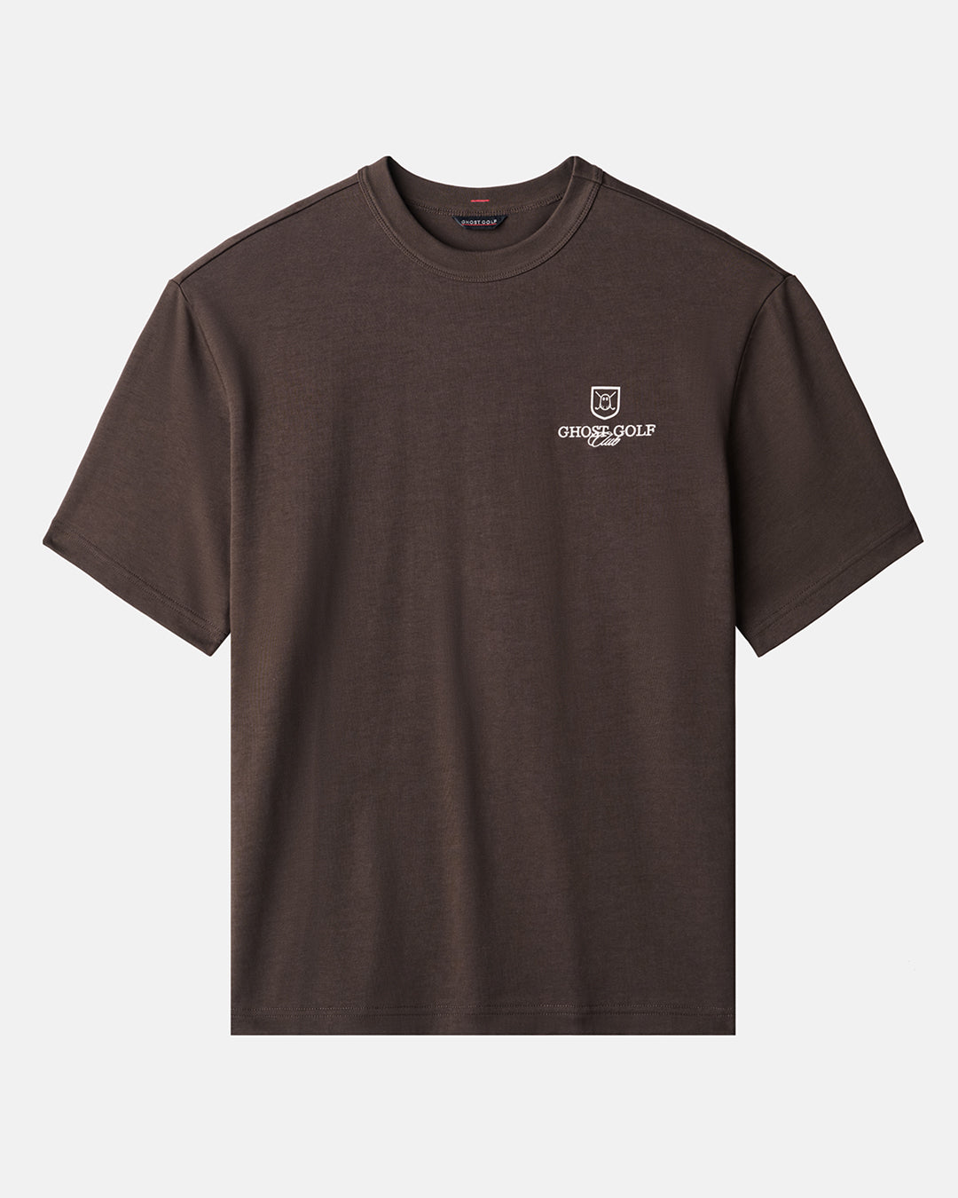 Front product shot of Dark Chocolate Rebels LA T-Shirt with ghost golf club logo hit on left chest #color_dark-chocolate