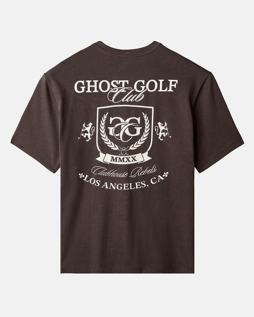 Back product shot of Dark Chocolate Rebels LA T-Shirt with ghost golf club graphic on the back of the t-shirt #color_dark-chocolate