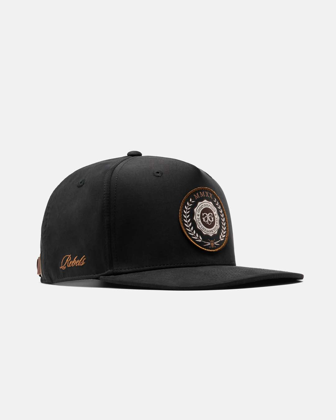 Three-quarter right view product shot of the Black Rebels Lux Hat, featuring Badge Patch logo in center of hat and rebels embroidered on the side. #color_black