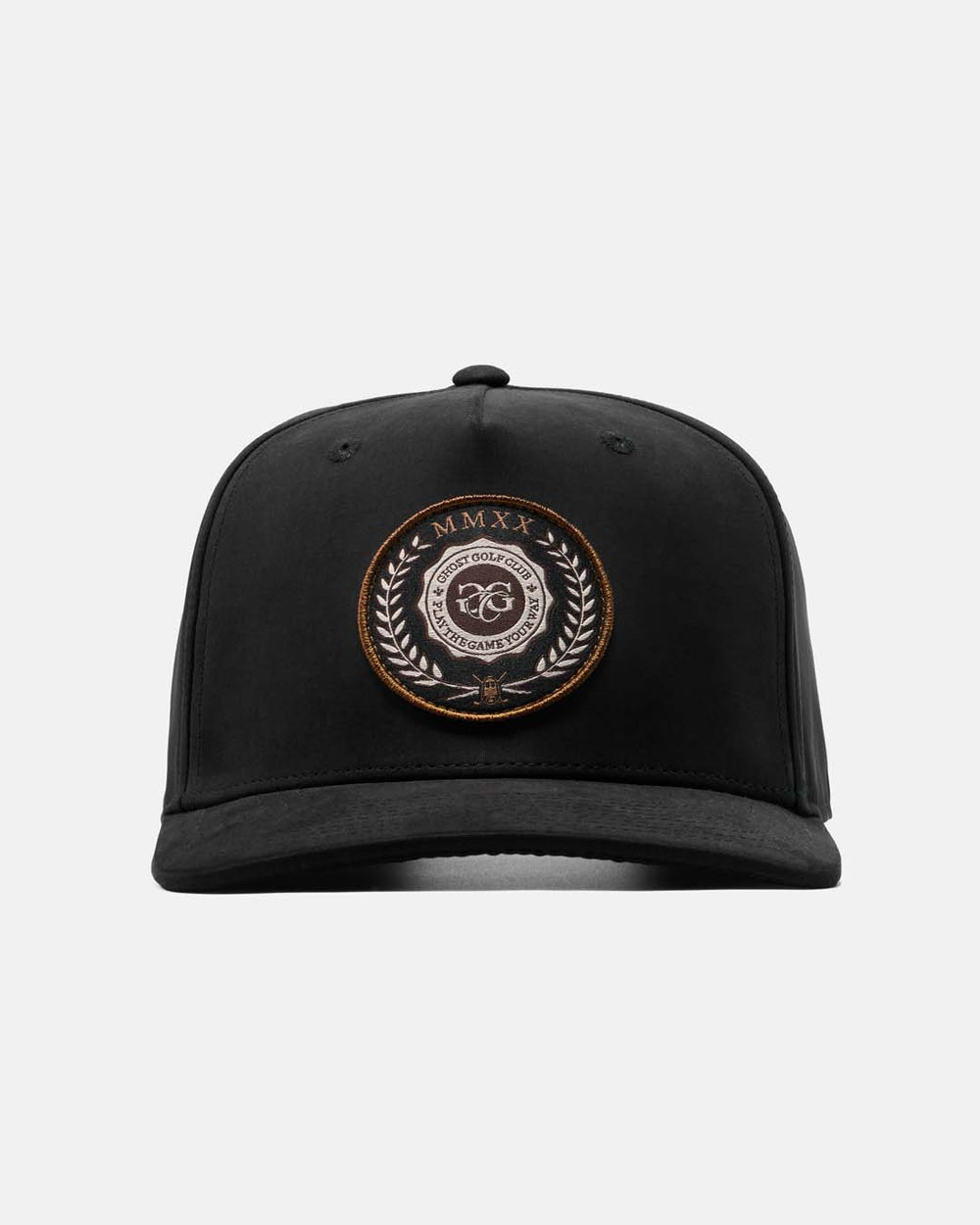 Front product shot of the Black Rebels Lux Hat, showcasing Badge logo in the center #color_black
