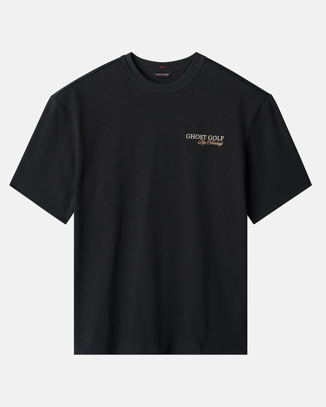 Front product shot of Black Rebels T-Shirt with ghost golf club logo hit on left chest #color_black
