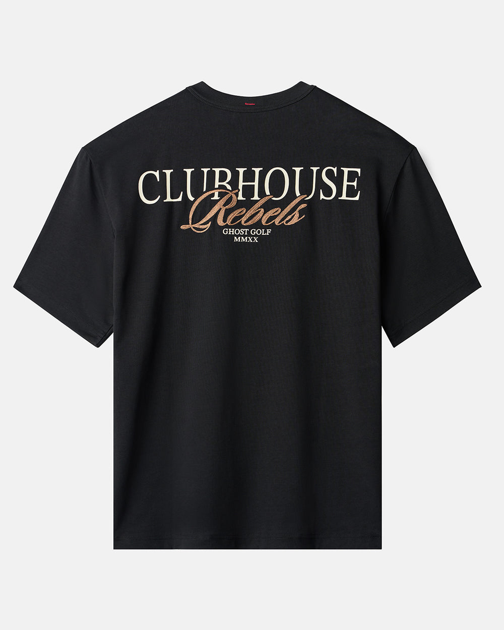 Back product shot of Black Rebels T-Shirt with clubhouse rebels on the back of the t-shirt #color_black