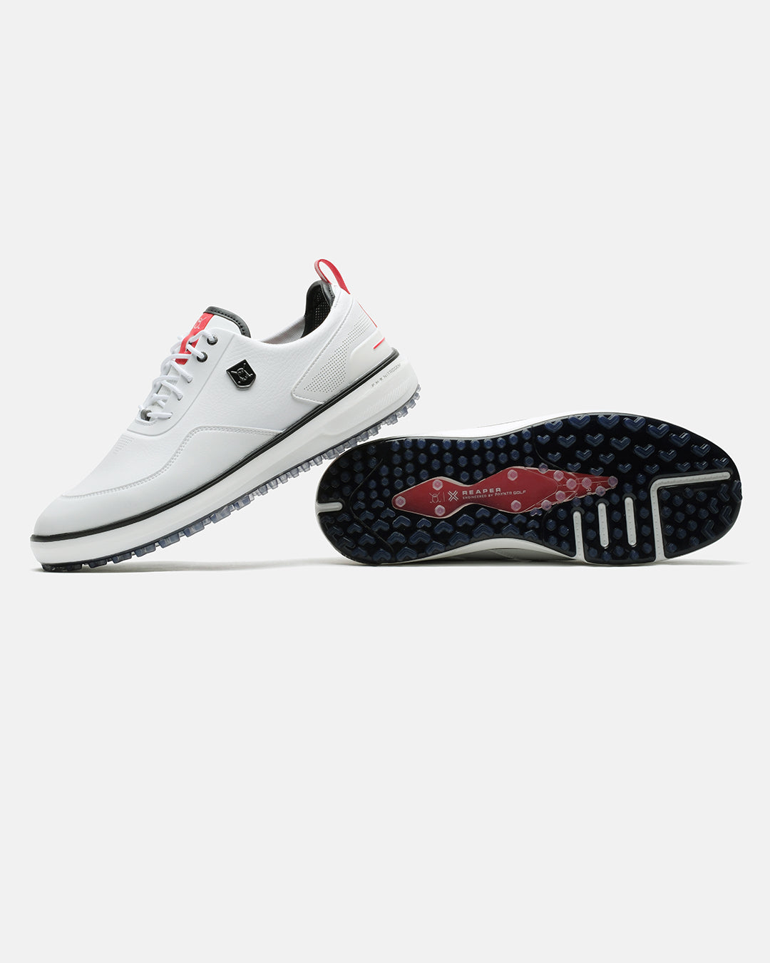 Product image of the White Ghost Golf Reaper golf shoes, with one shoe resting on its side to display the outsole and the other showing the left-side profile with its heel placed on top of the first shoe. #color_white