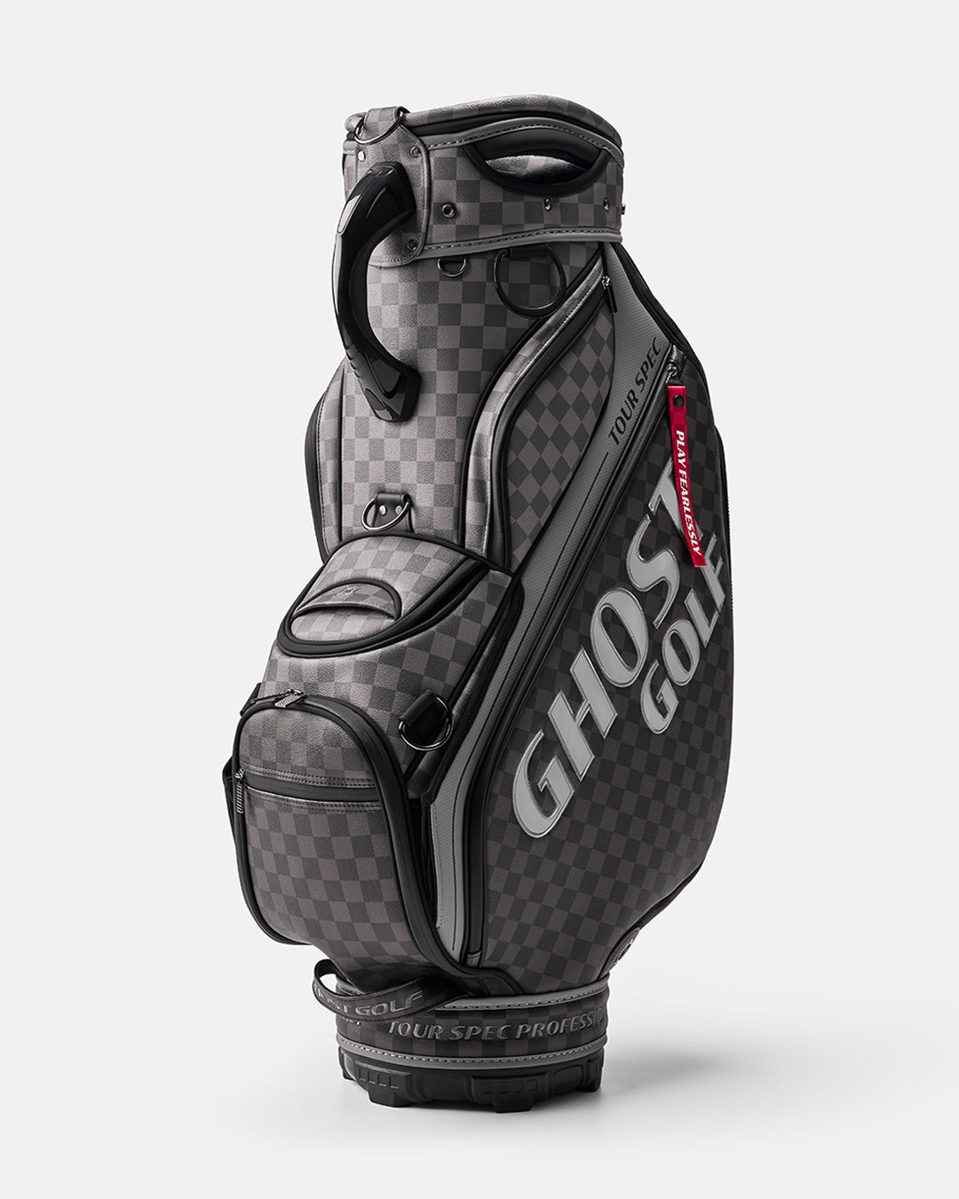 Black and Grey Chekered Golf Staff Bag with White GHOST GOLF branding - Tour Spec - Side Angle View