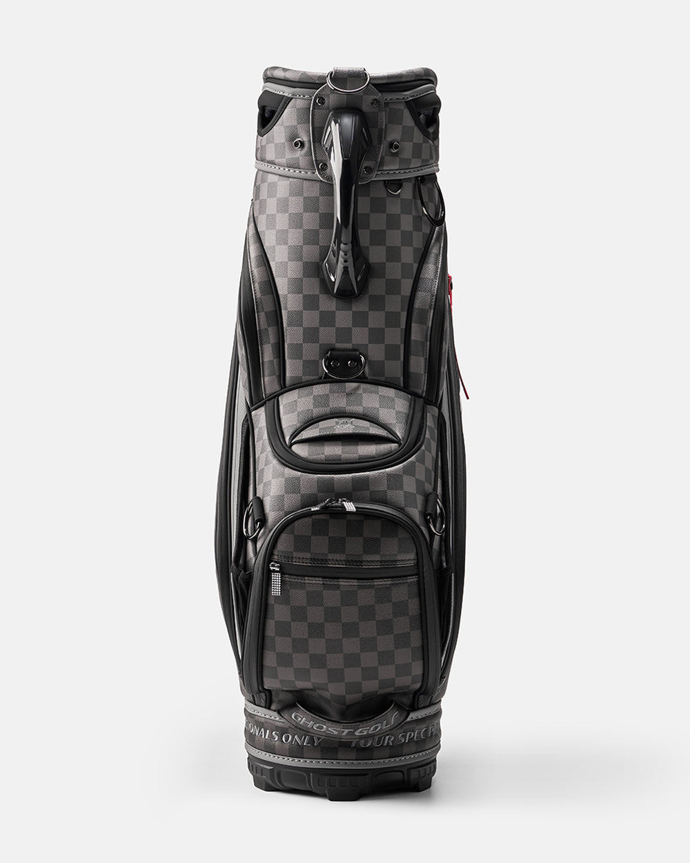 Black and Grey Chekered Golf Staff Bag with White GHOST GOLF branding - Tour Spec - Front Angle View