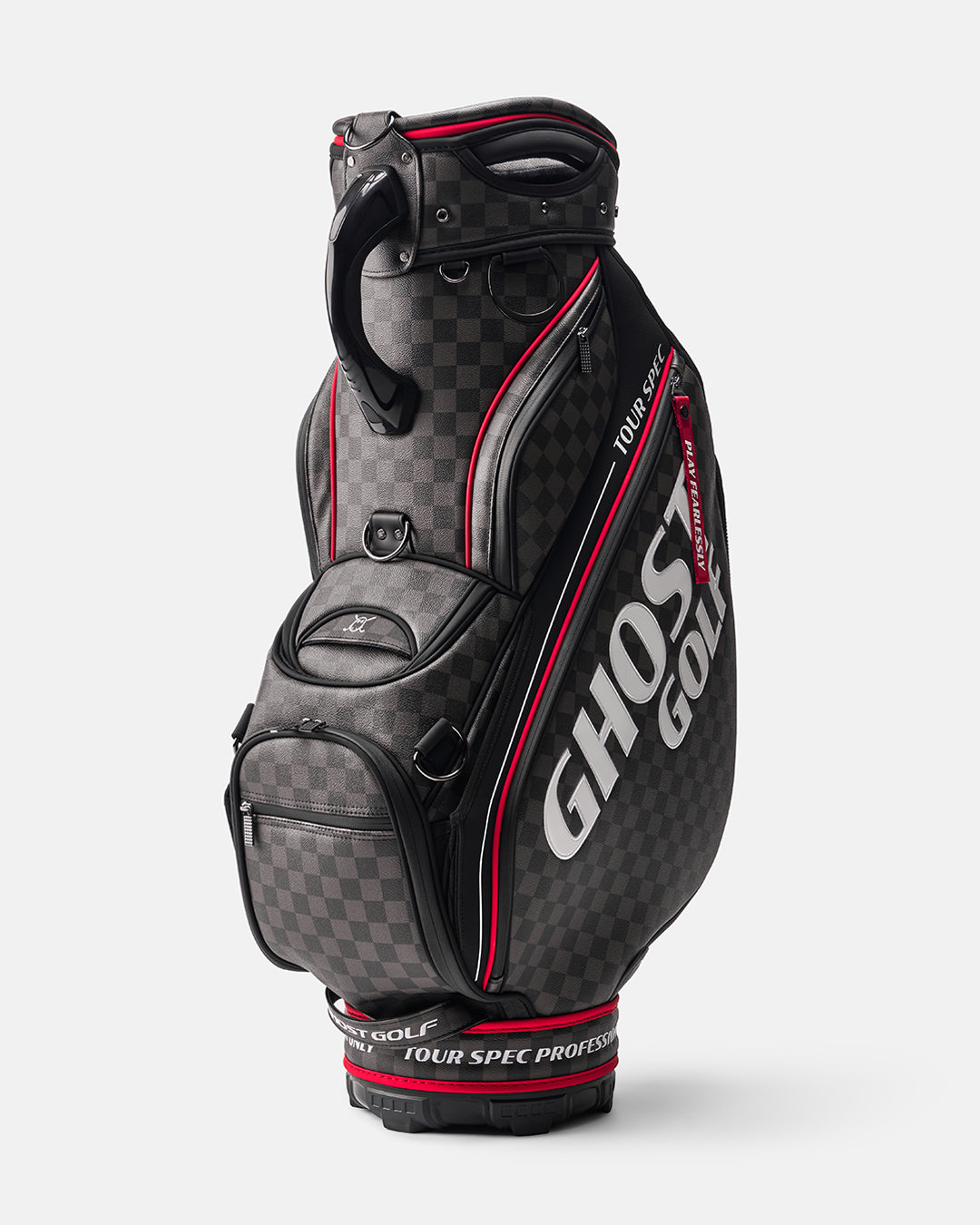 Black and Grey Chekered Golf Staff Bag with White GHOST GOLF branding - Tour Spec - Side Angle View