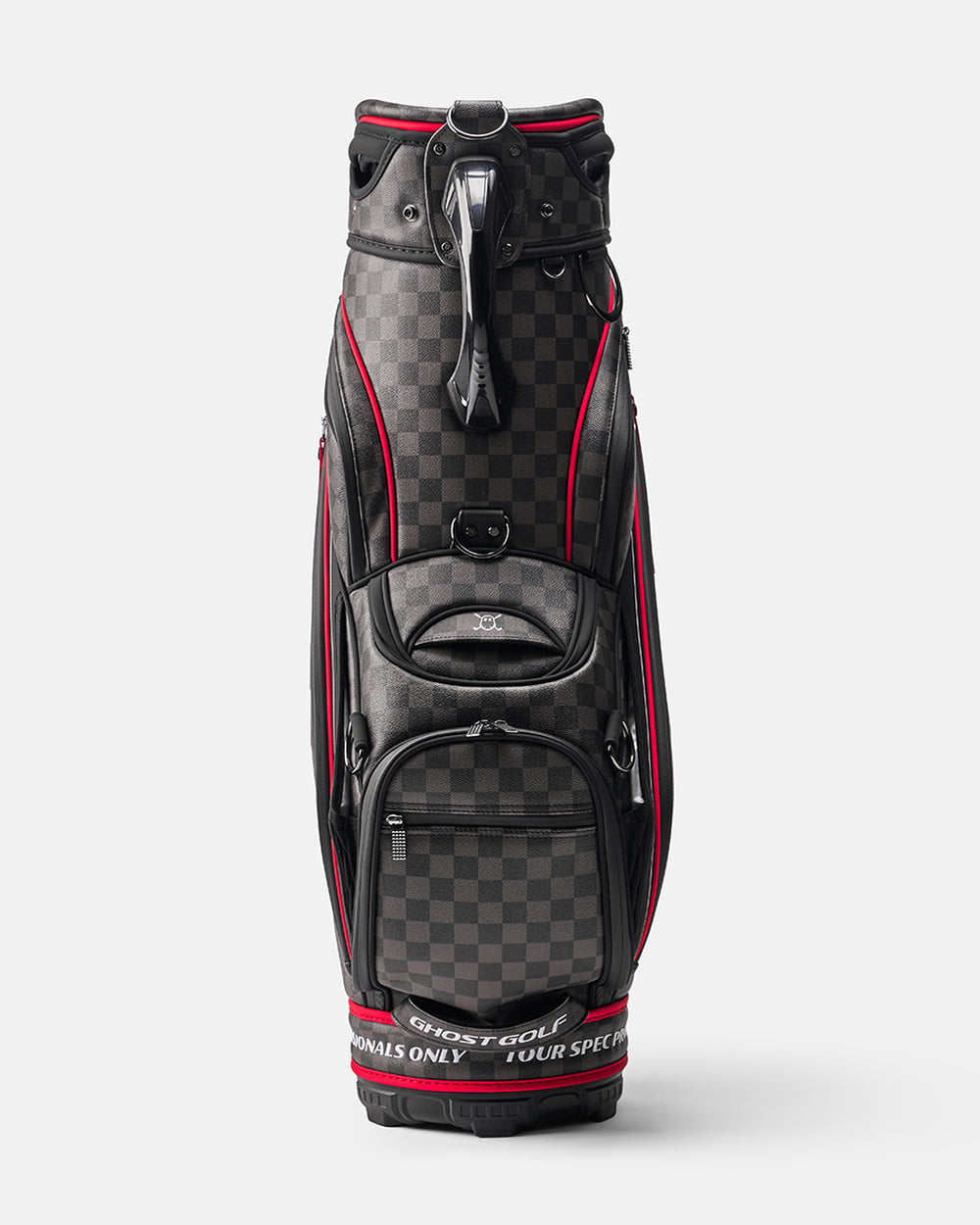 Black and Grey Chekered Golf Staff Bag with White GHOST GOLF branding - Tour Spec - Front Angle View