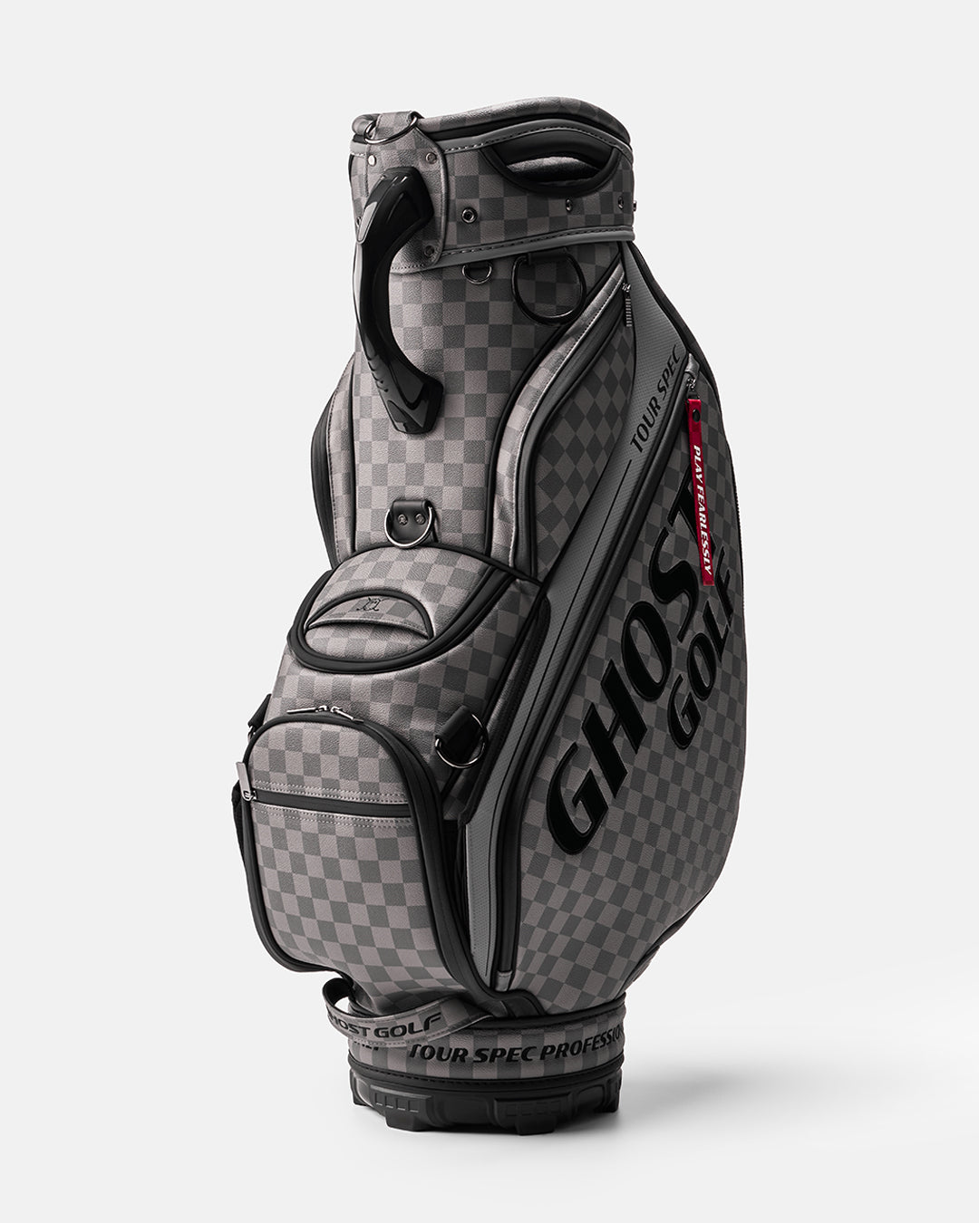 Black and Grey Chekered Golf Staff Bag with White GHOST GOLF branding - Tour Spec - Side Angle View