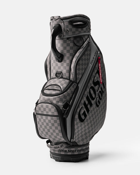 Black and Grey Chekered Golf Staff Bag with White GHOST GOLF branding - Tour Spec - Side Angle View